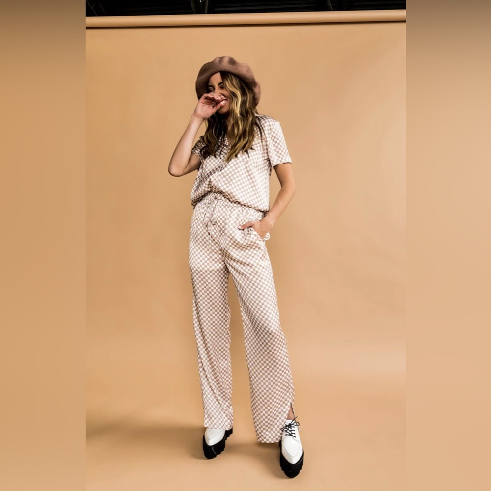 Theme Song Checkered Matching Set in Tan